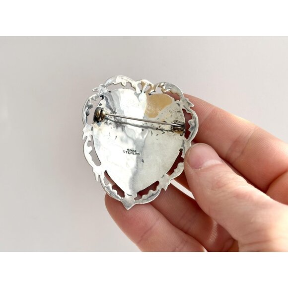 Siam Sterling Silver Mekkalah & Ramasoon Heart Shaped Vintage Thai Brooch - Picture 9 of 10